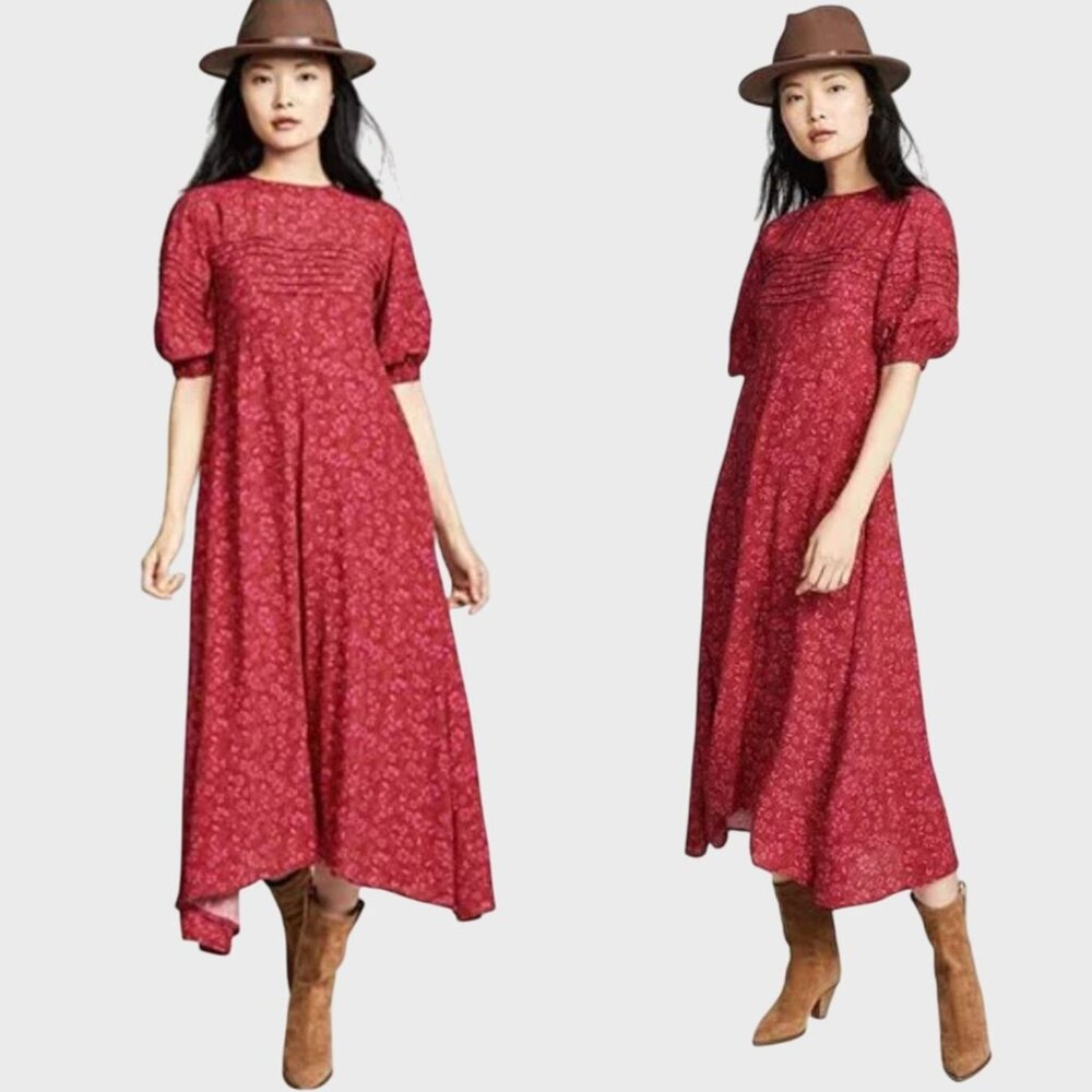 Free People Jessie Midi Dress Short Sleeve Red 10 Floral Cottage Prairie NWT